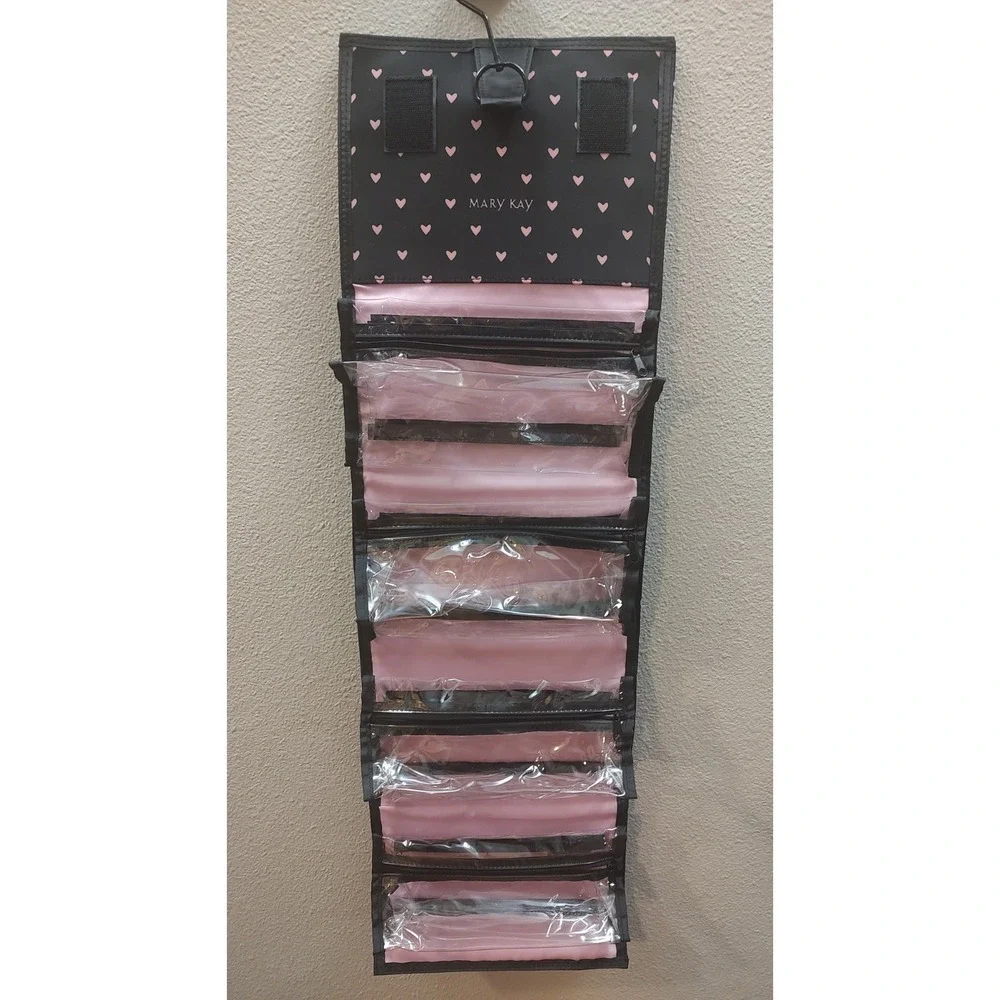 Mary Kay Travel Roll Up Bag Black Pink Hearts Hanging Organizer Cosmetic D4